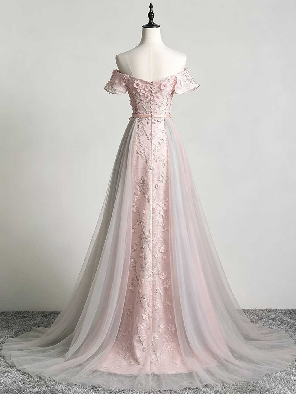 Blush & Blue Gradient Off-the-Shoulder Floral Tulle Evening Gown