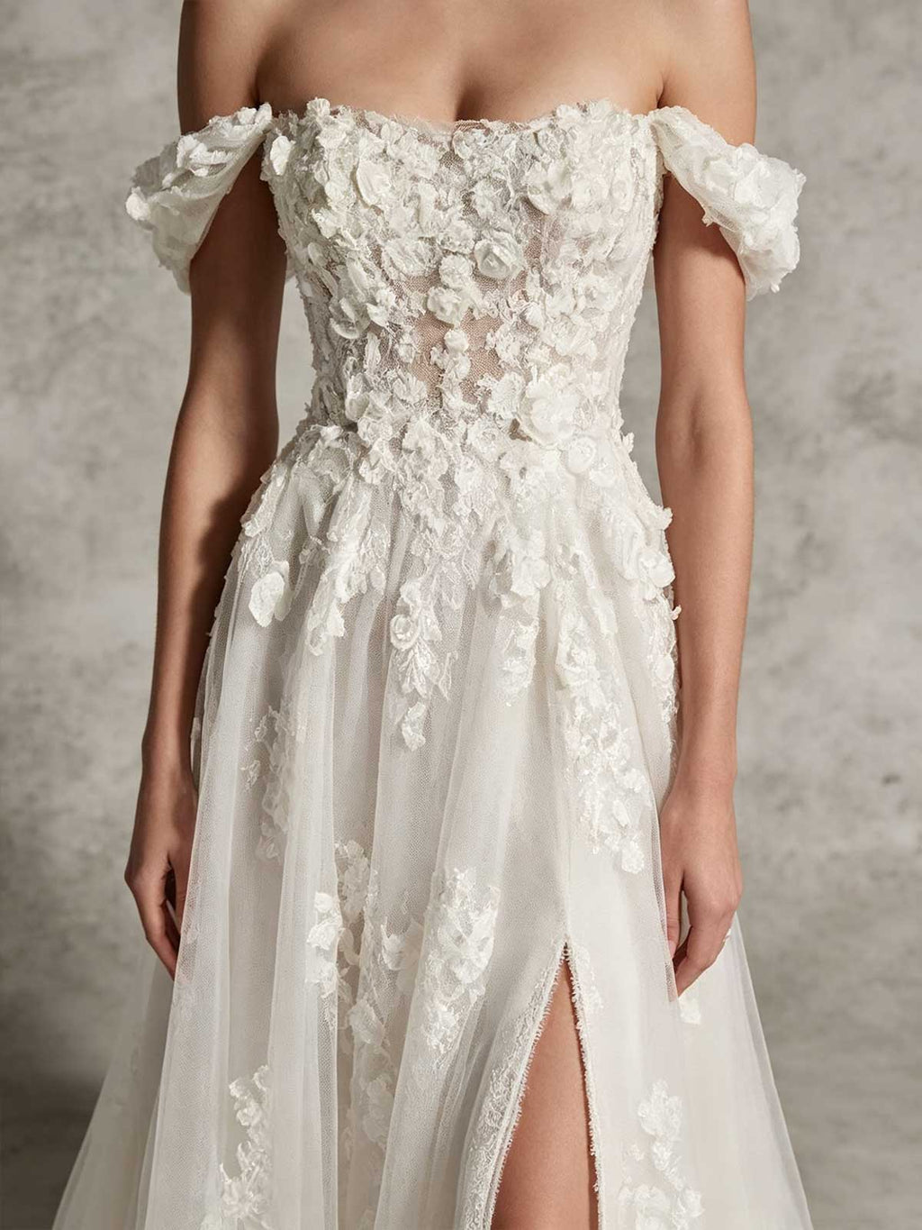 Ivory 3D Floral Applique Off-the-Shoulder High Slit Tulle Wedding Dress