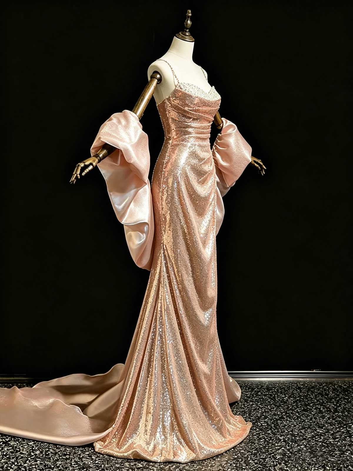 Champagne Gold Spaghetti Strap Sequin Evening Gown with Detachable Sleeves