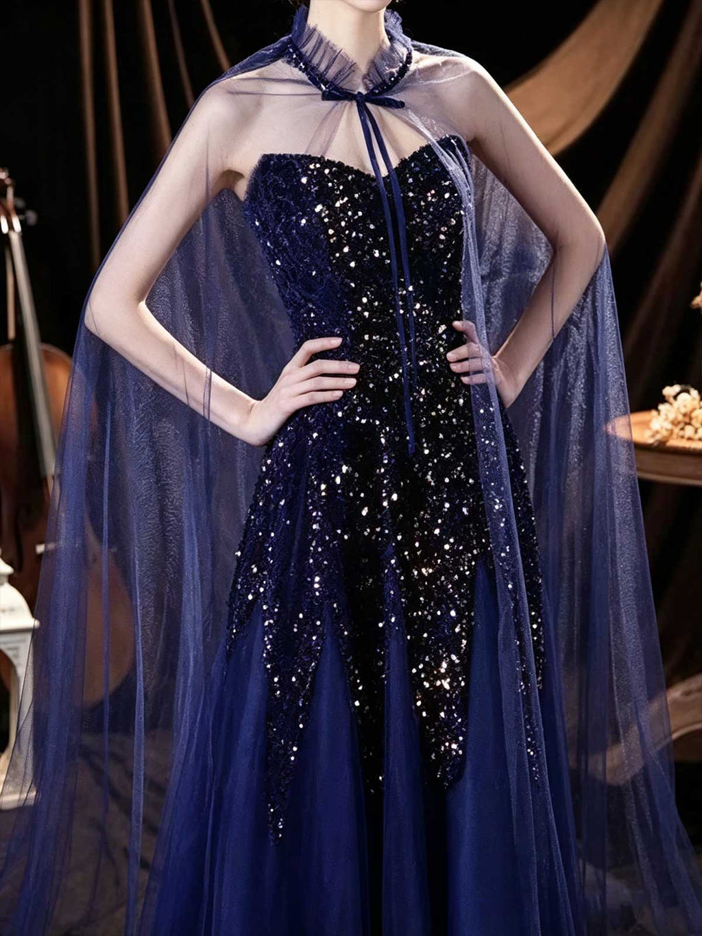 Navy Blue Strapless Sequin Evening Gown with Sheer Cape