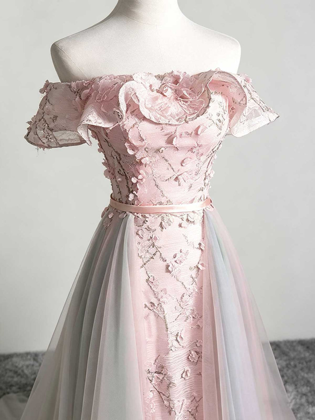 Blush & Blue Gradient Off-the-Shoulder Floral Tulle Evening Gown