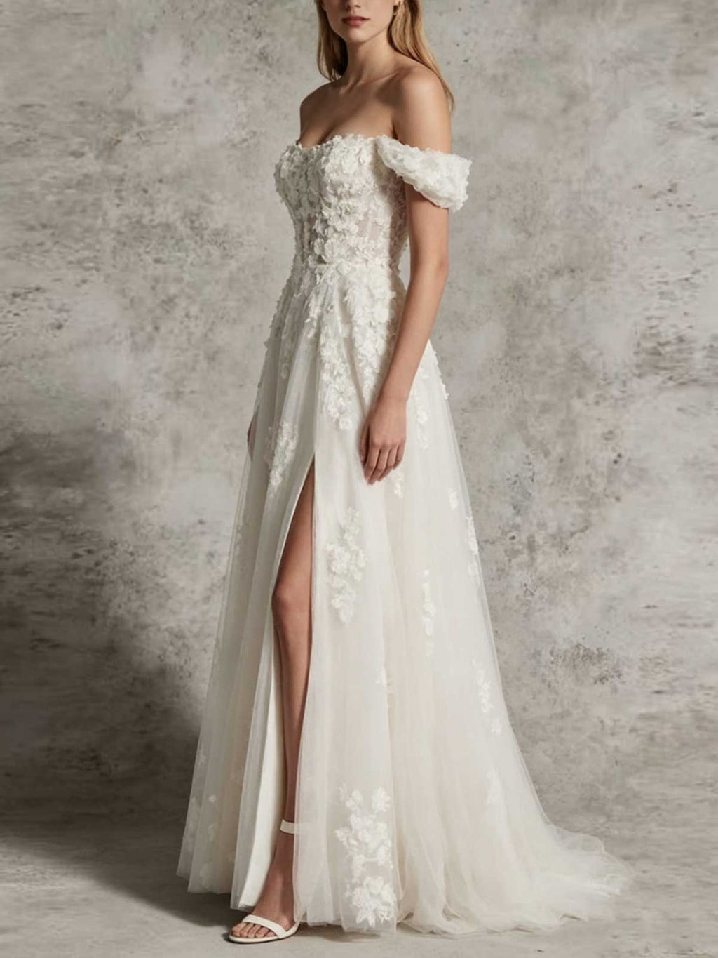 Ivory 3D Floral Applique Off-the-Shoulder High Slit Tulle Wedding Dress