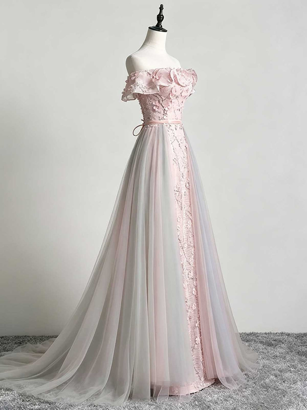 Blush & Blue Gradient Off-the-Shoulder Floral Tulle Evening Gown