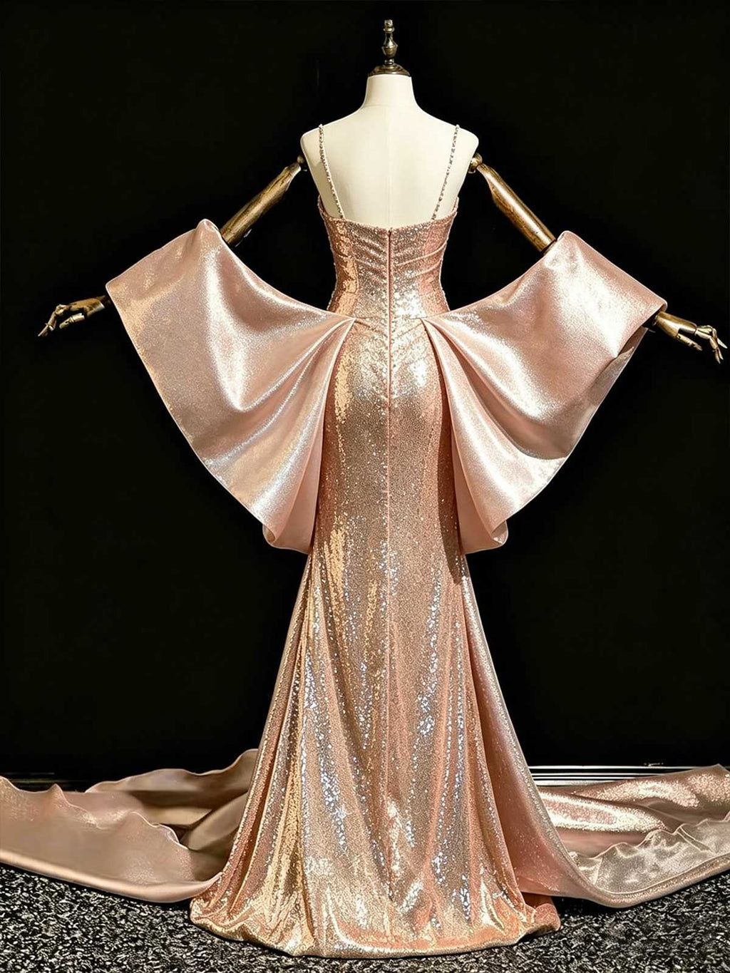Champagne Gold Spaghetti Strap Sequin Evening Gown with Detachable Sleeves