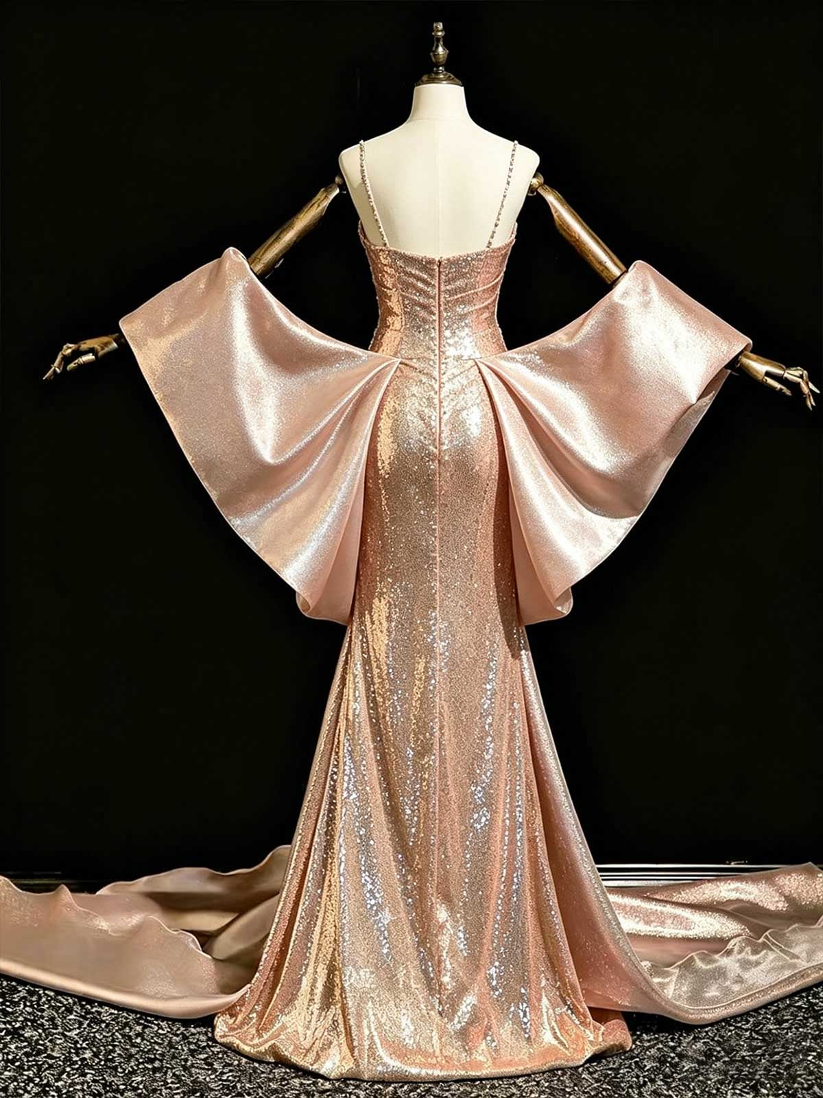 Champagne Gold Spaghetti Strap Sequin Evening Gown with Detachable Sleeves