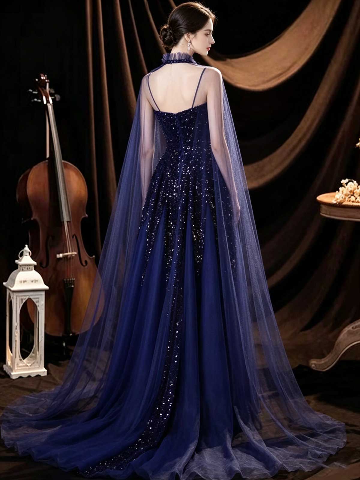 Navy Blue Strapless Sequin Evening Gown with Sheer Cape