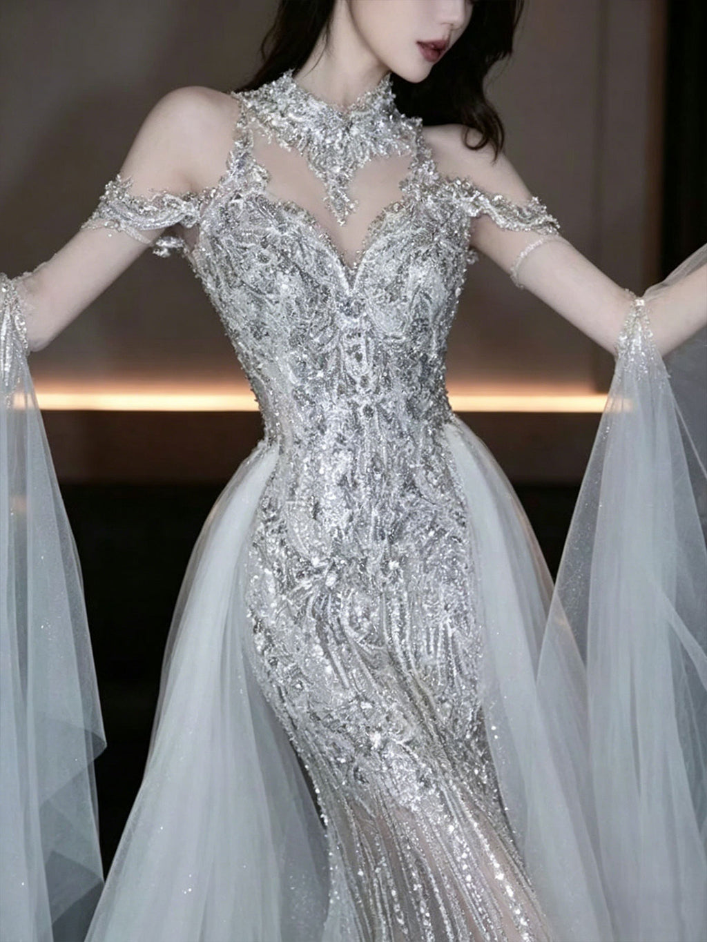 Halter Off Shoulder Floating Tulle Sequin Mermaid Evening Gown