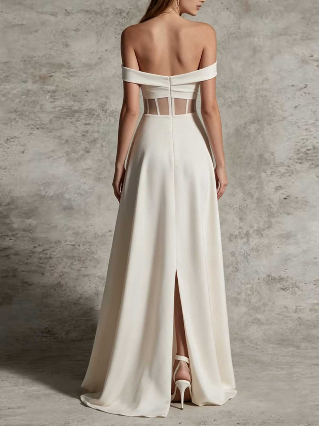 Ivory Satin Off-the-Shoulder Cutout Waist A-Line Evening Gown