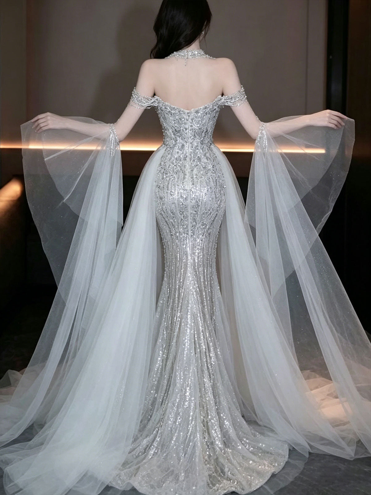 Halter Off Shoulder Floating Tulle Sequin Mermaid Evening Gown