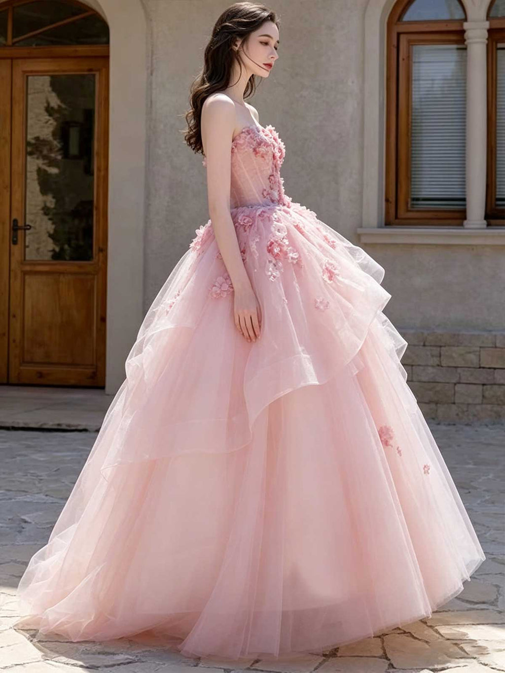 Blush Pink Strapless 3D Floral Tulle Ball Gown