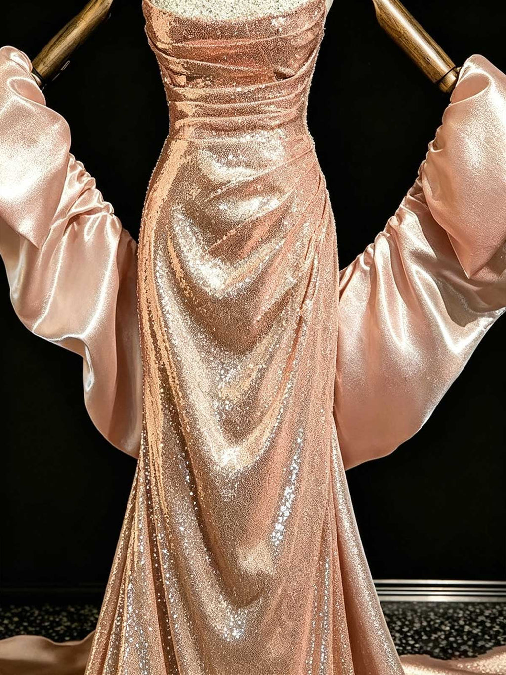 Champagne Gold Spaghetti Strap Sequin Evening Gown with Detachable Sleeves