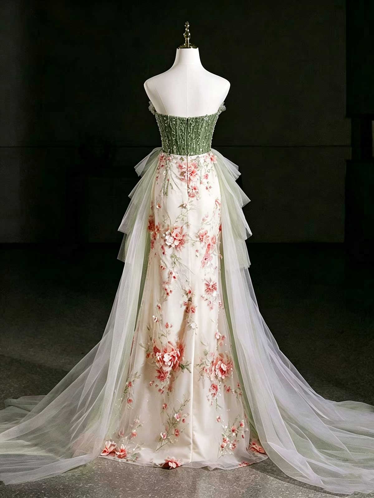 Green Beaded Strapless Evening Gown with Floral Embroidery & Tulle Overlay