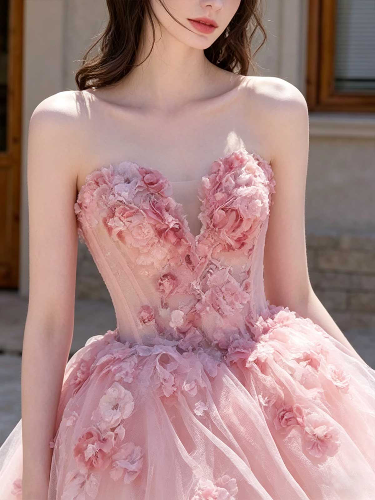 Blush Pink Strapless 3D Floral Tulle Ball Gown