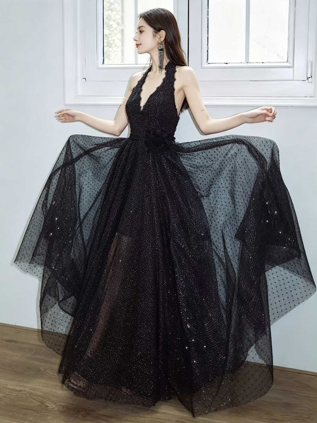 Black Halter Polka Dot Sequin Tulle Evening Gown