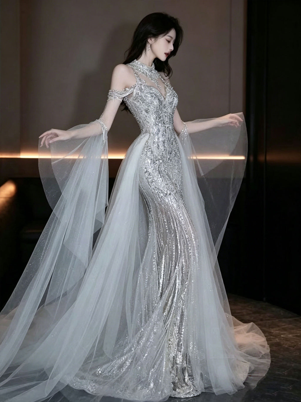 Halter Off Shoulder Floating Tulle Sequin Mermaid Evening Gown