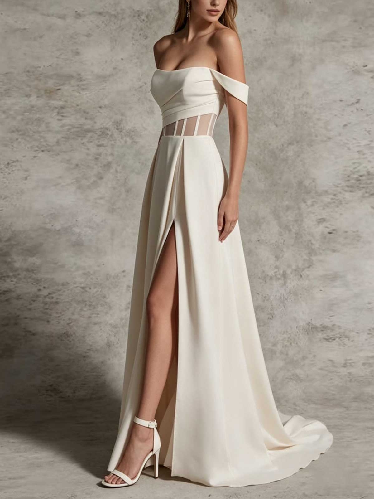 Ivory Satin Off-the-Shoulder Cutout Waist A-Line Evening Gown