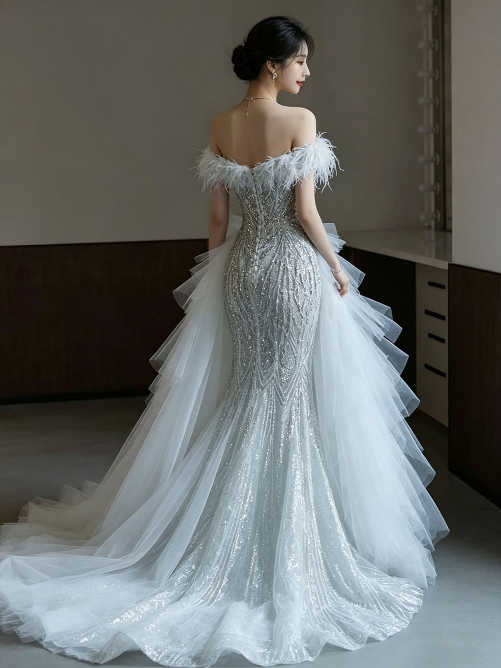 Off Shoulder Ostrich Feather Glitter Tulle Mermaid Formal Gown