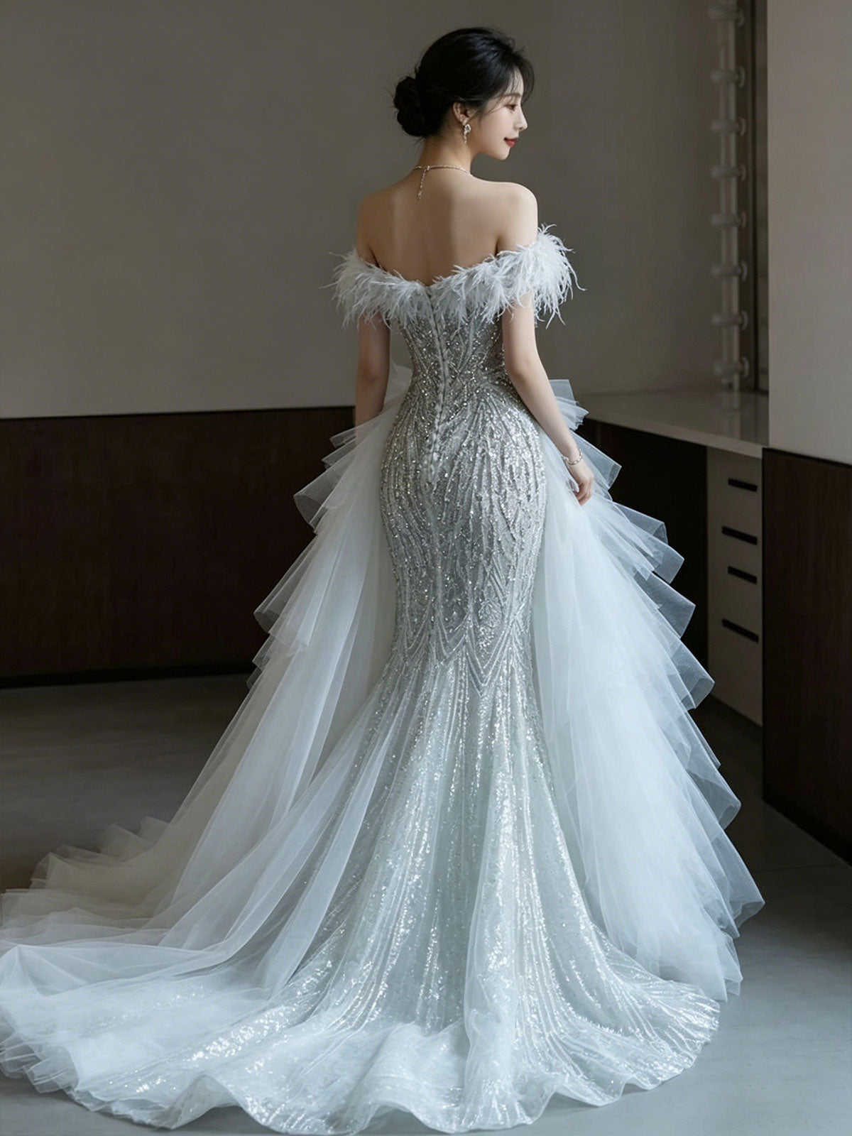 Off Shoulder Ostrich Feather Glitter Tulle Mermaid Formal Gown