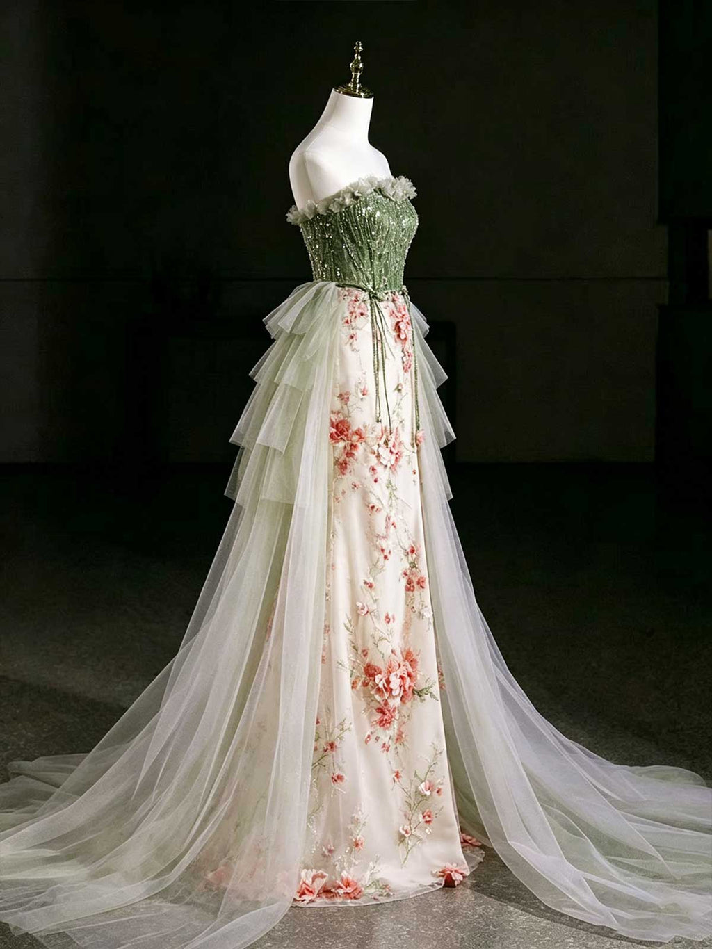 Green Beaded Strapless Evening Gown with Floral Embroidery & Tulle Overlay