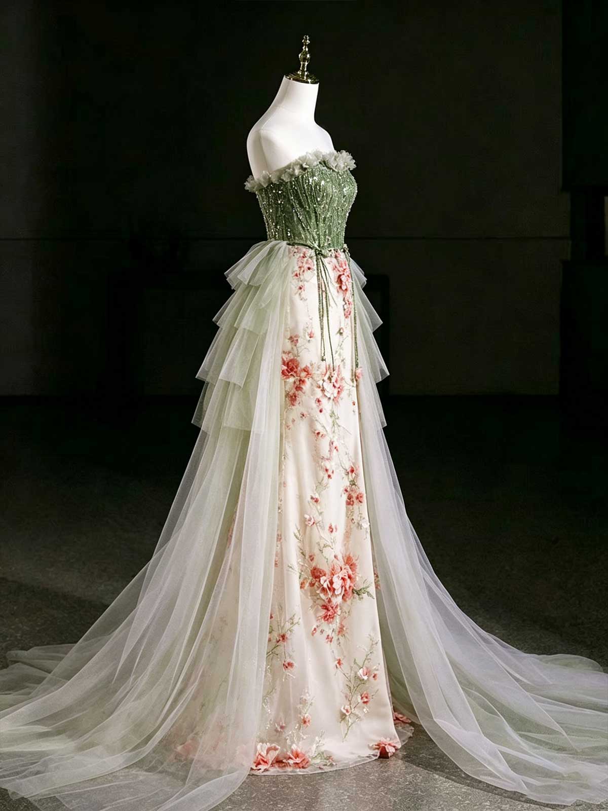 Green Beaded Strapless Evening Gown with Floral Embroidery & Tulle Overlay