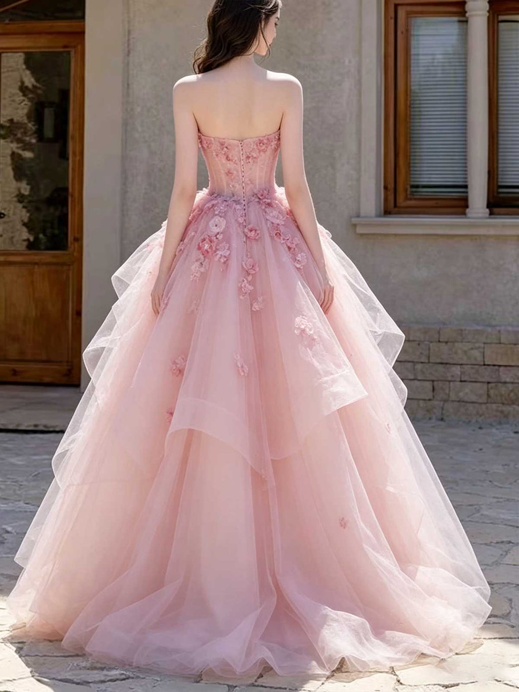 Blush Pink Strapless 3D Floral Tulle Ball Gown