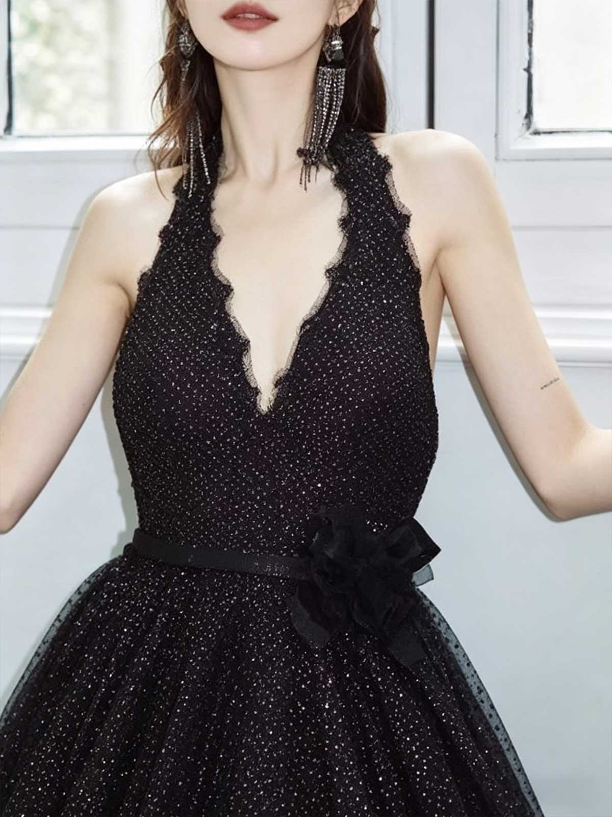 Black Halter Polka Dot Sequin Tulle Evening Gown