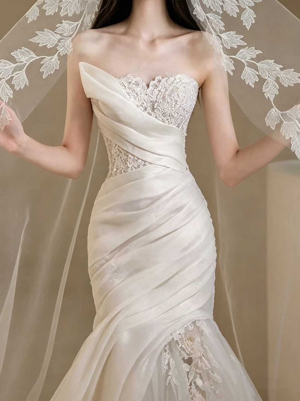 Ivory Satin Strapless Mermaid Wedding Dress with Lace Veil