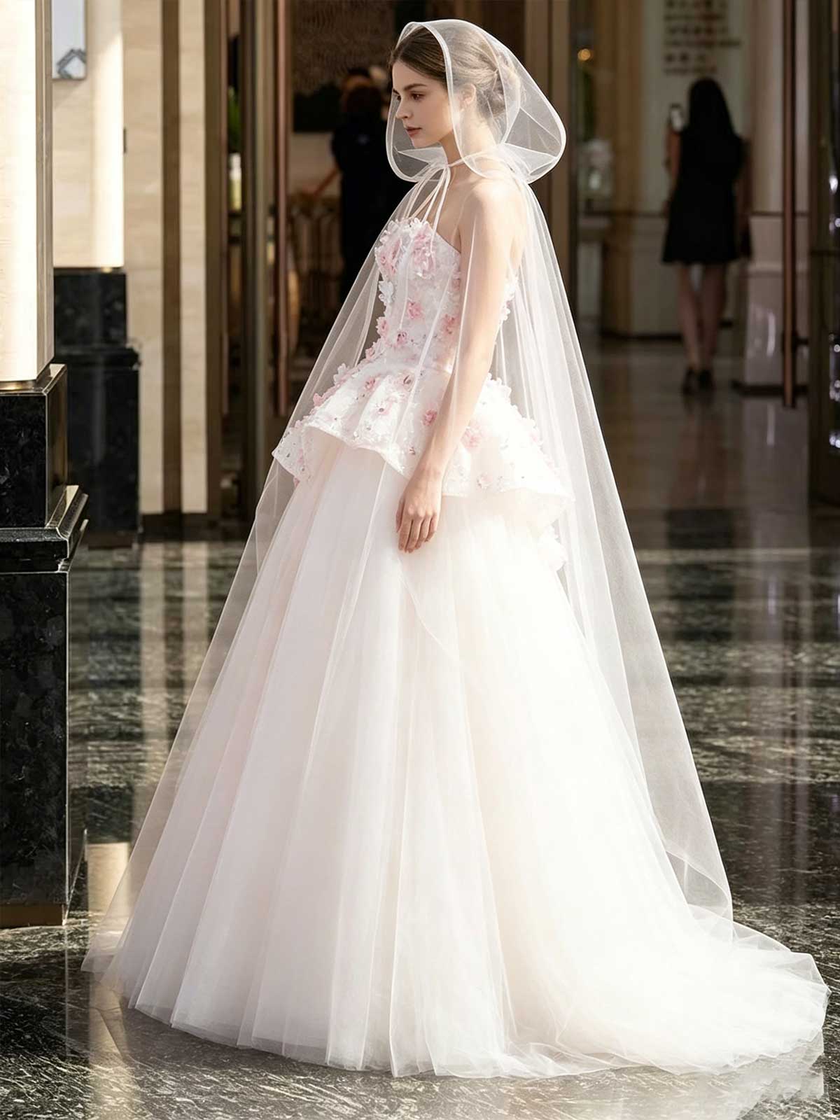 White & Blush Pink Strapless 3D Floral Tulle Wedding Dress with Cape