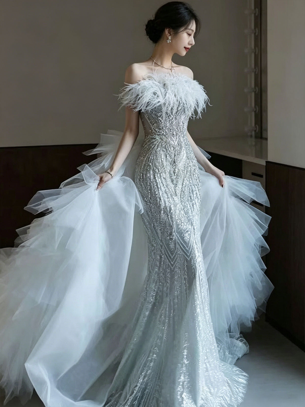 Off Shoulder Ostrich Feather Glitter Tulle Mermaid Formal Gown