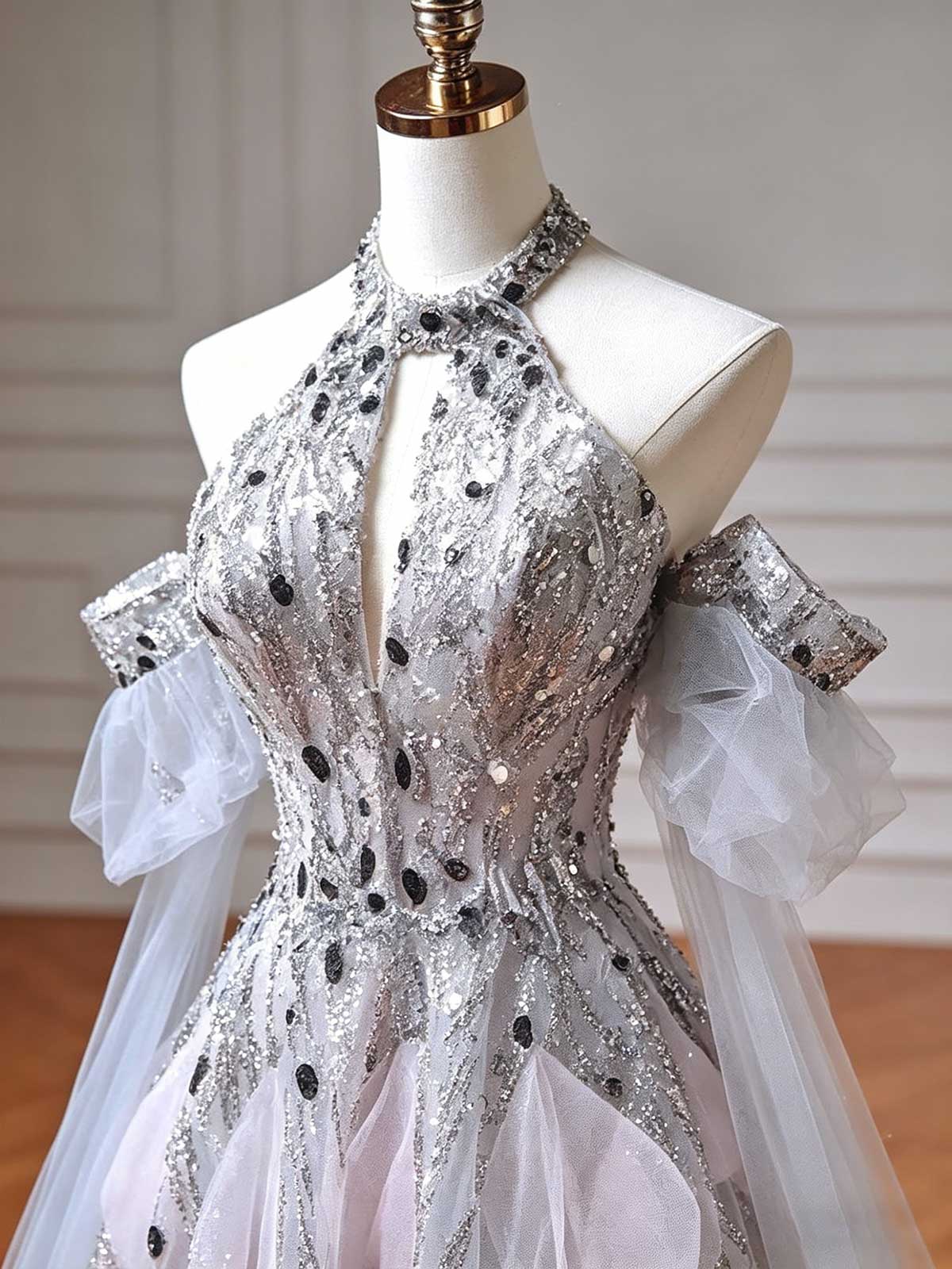 Silver & Pink Ombre Halter Evening Gown with 3D Petal Appliqués and Cape Train