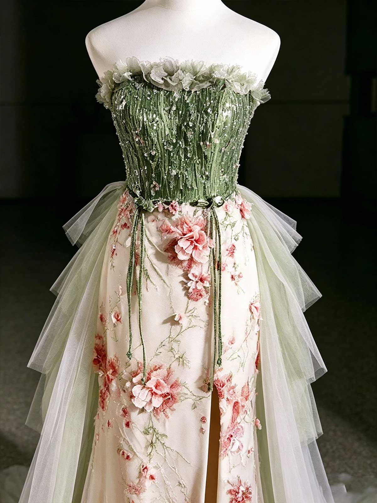 Green Beaded Strapless Evening Gown with Floral Embroidery & Tulle Overlay