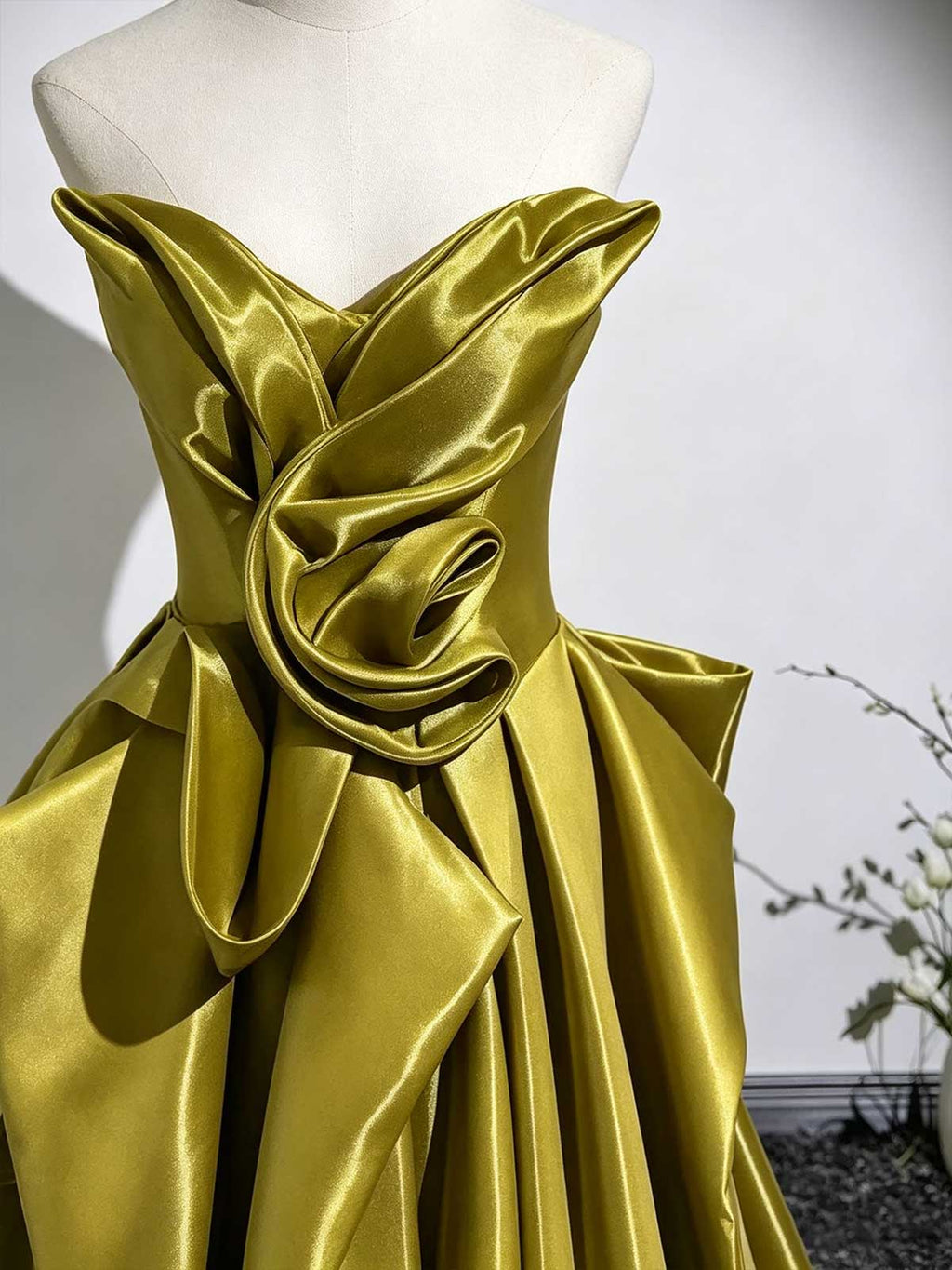 Olive Green Strapless Satin Ball Gown with Oversized Bow Detail