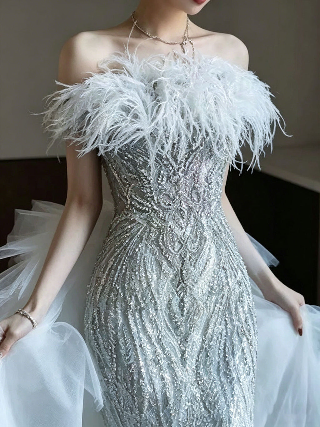 Off Shoulder Ostrich Feather Glitter Tulle Mermaid Formal Gown