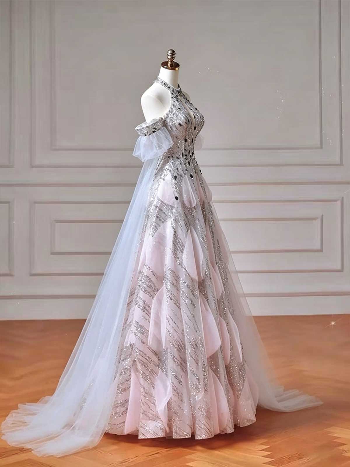 Silver & Pink Ombre Halter Evening Gown with 3D Petal Appliqués and Cape Train