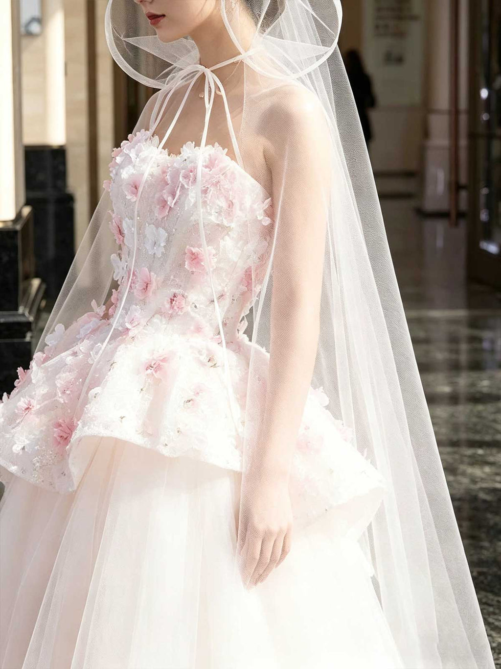 White & Blush Pink Strapless 3D Floral Tulle Wedding Dress with Cape