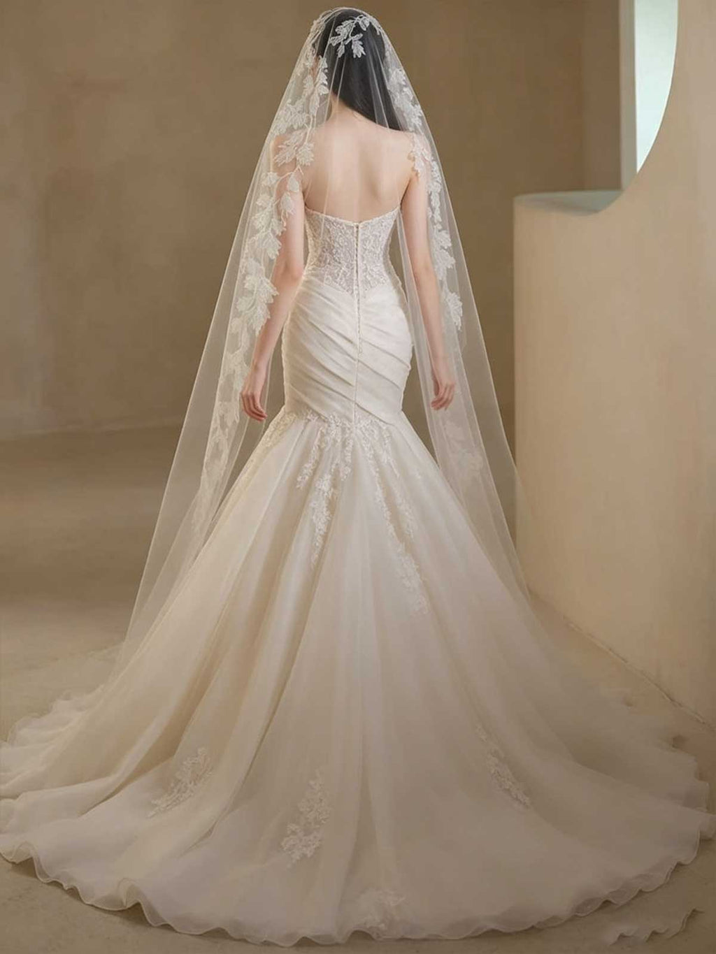 Ivory Satin Strapless Mermaid Wedding Dress with Lace Veil