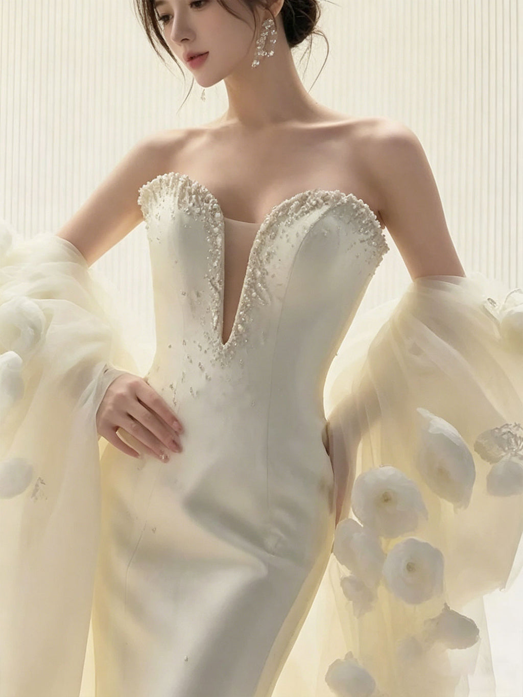 Sweetheart 3D Floral Puff Sleeve Satin Mermaid Wedding Dress