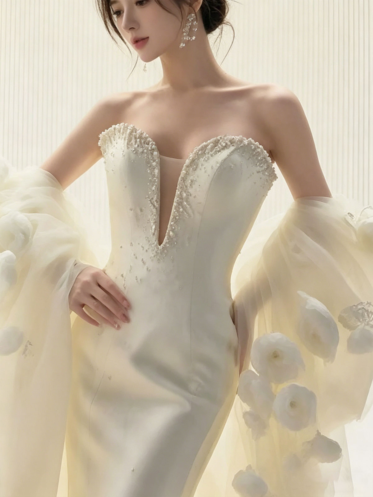 Sweetheart 3D Floral Puff Sleeve Satin Mermaid Wedding Dress