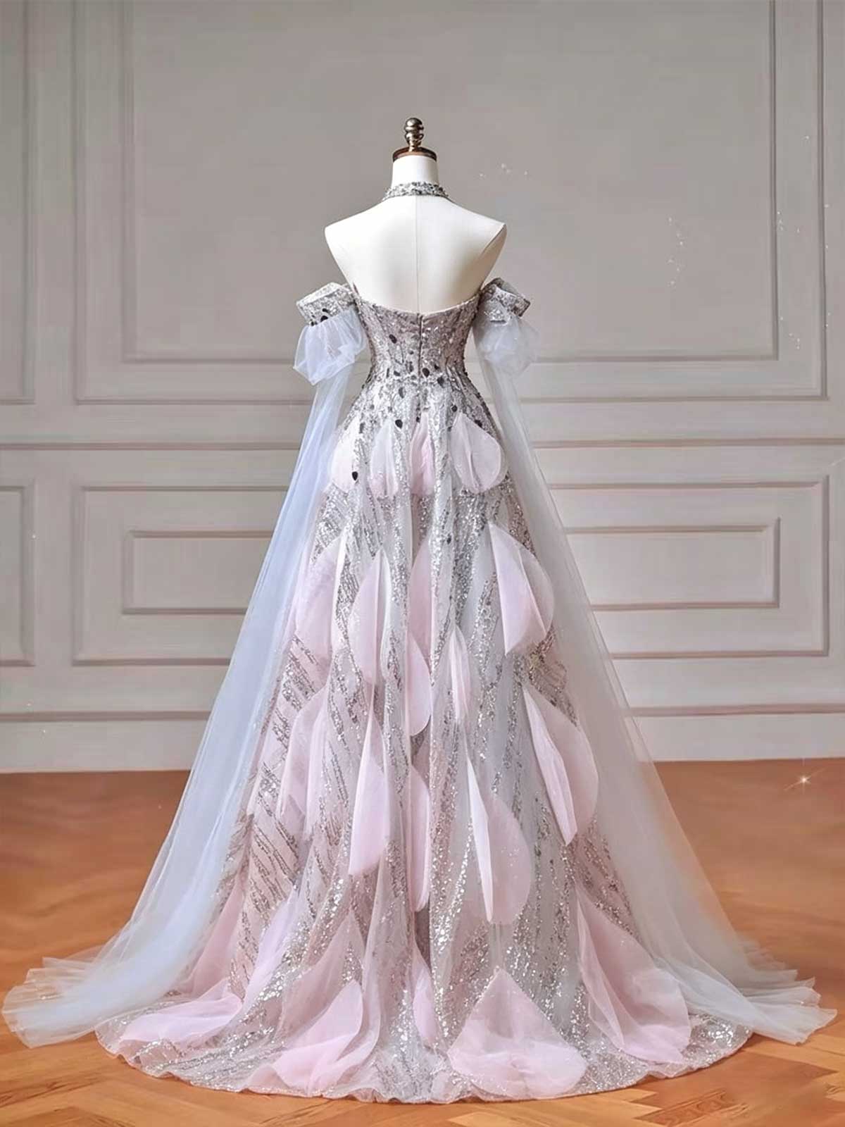 Silver & Pink Ombre Halter Evening Gown with 3D Petal Appliqués and Cape Train