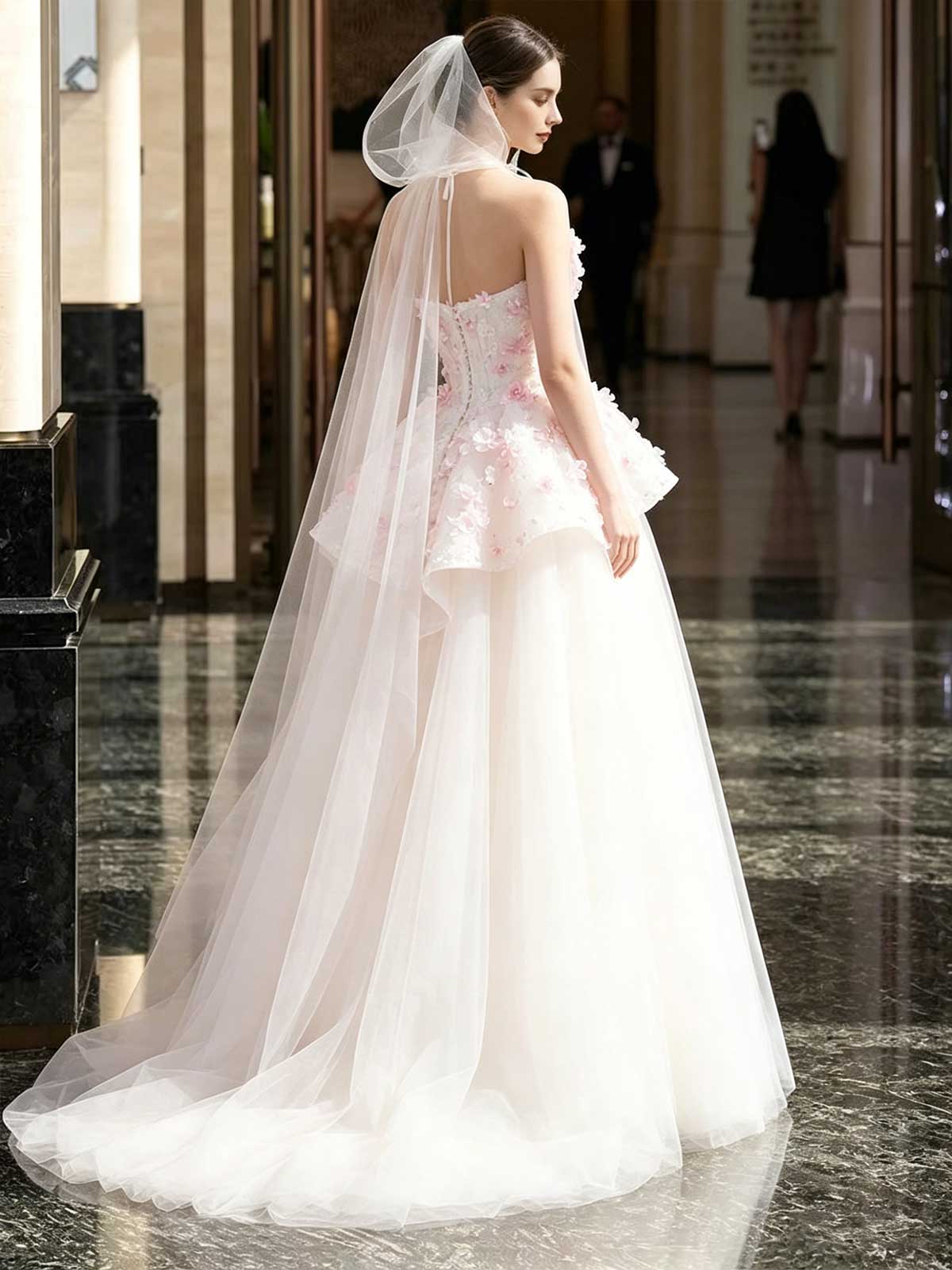 White & Blush Pink Strapless 3D Floral Tulle Wedding Dress with Cape