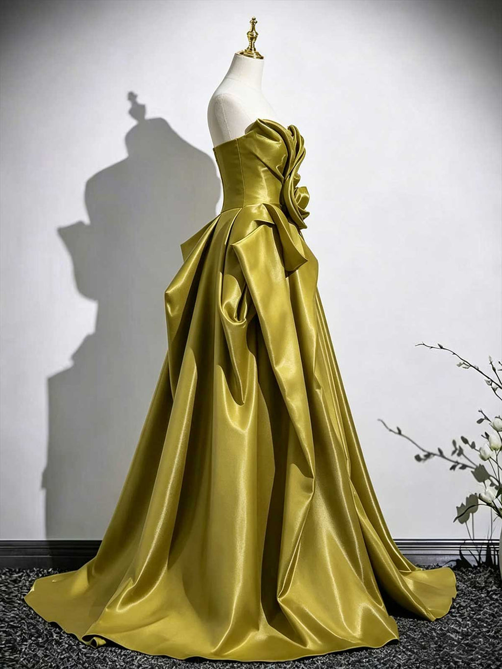 Olive Green Strapless Satin Ball Gown with Oversized Bow Detail