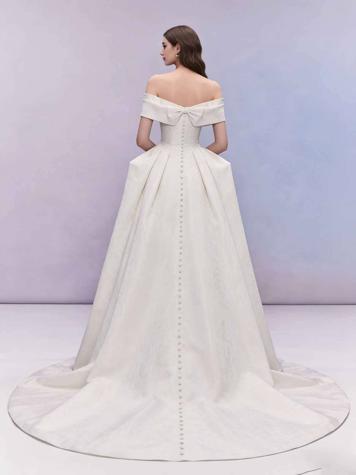 Vintage Off-the-Shoulder Bow Gown with Structured Ball Gown Silhouette