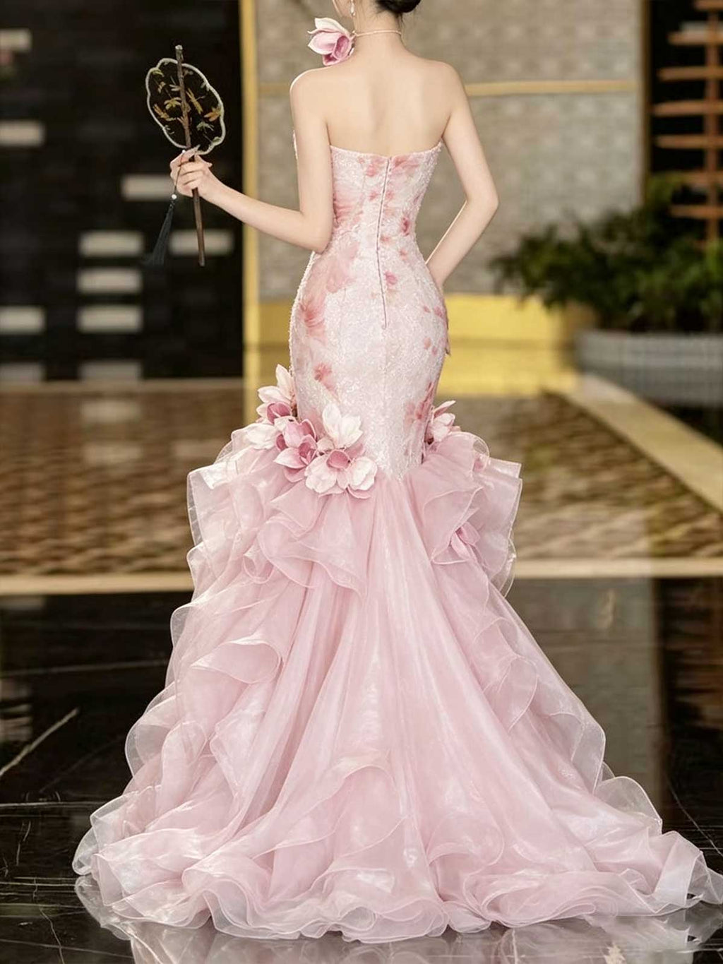 Pink Strapless Ombre Print Mermaid Evening Gown with Ruffled Tulle Skirt