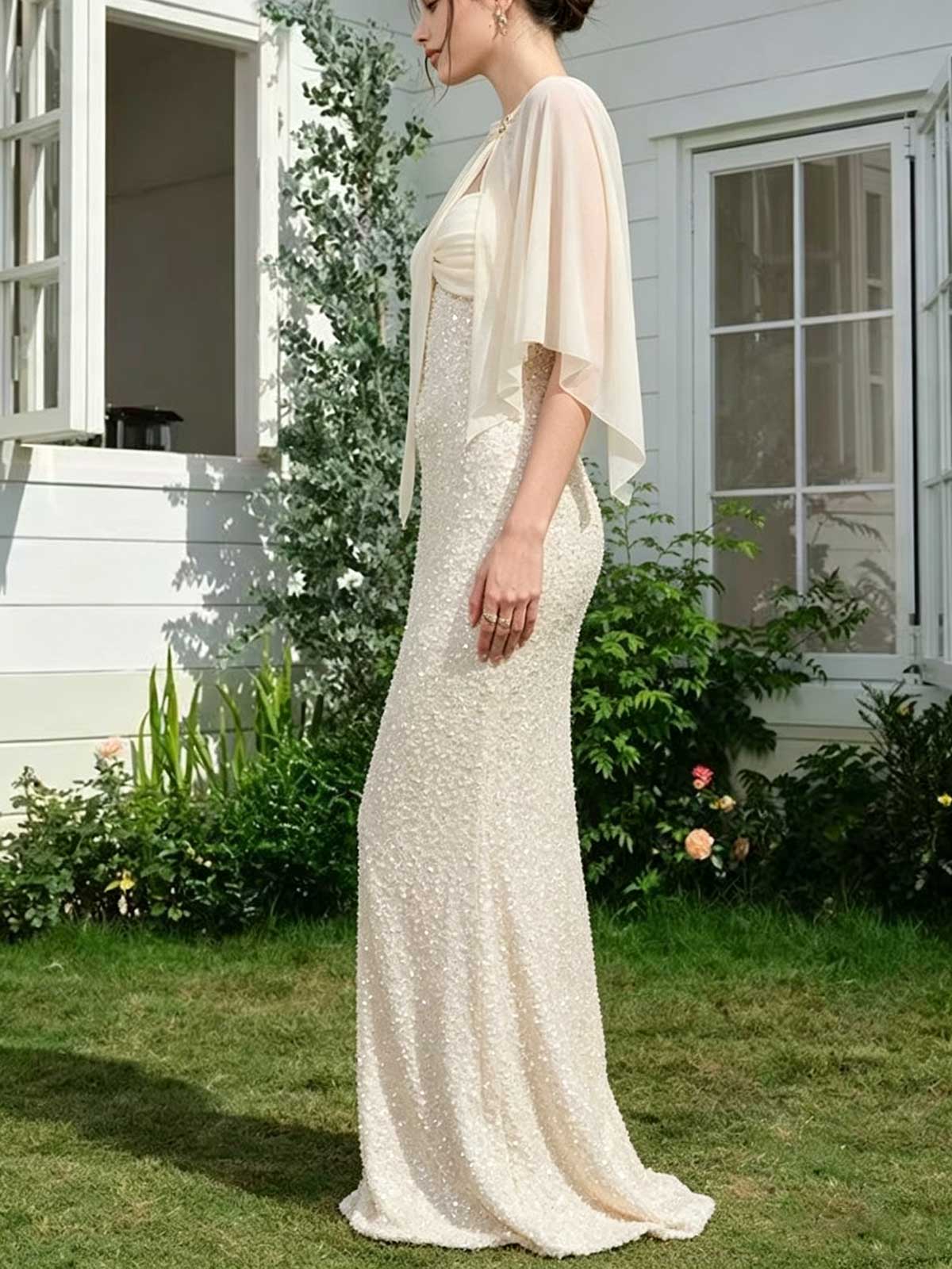 Champagne Sequin Mermaid Evening Gown with Chiffon Cape Overlay Formal Dress
