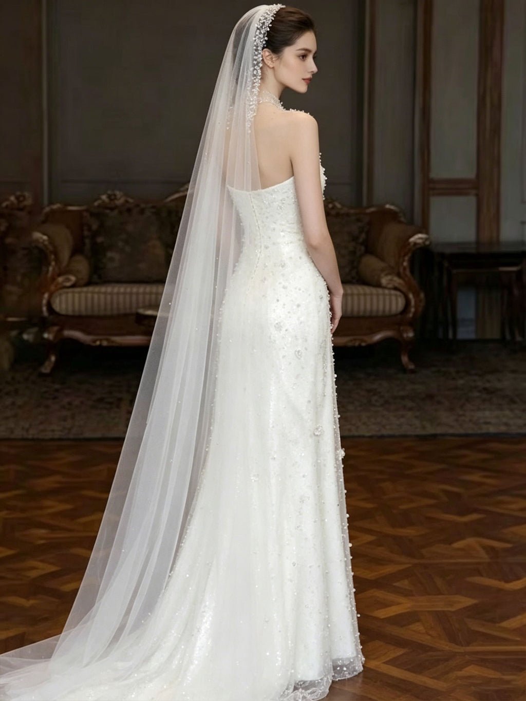 High Neck Sheer Tulle Pearl Beaded Mermaid Train Wedding Gown