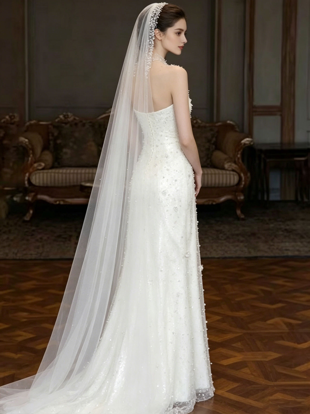 High Neck Sheer Tulle Pearl Beaded Mermaid Train Wedding Gown