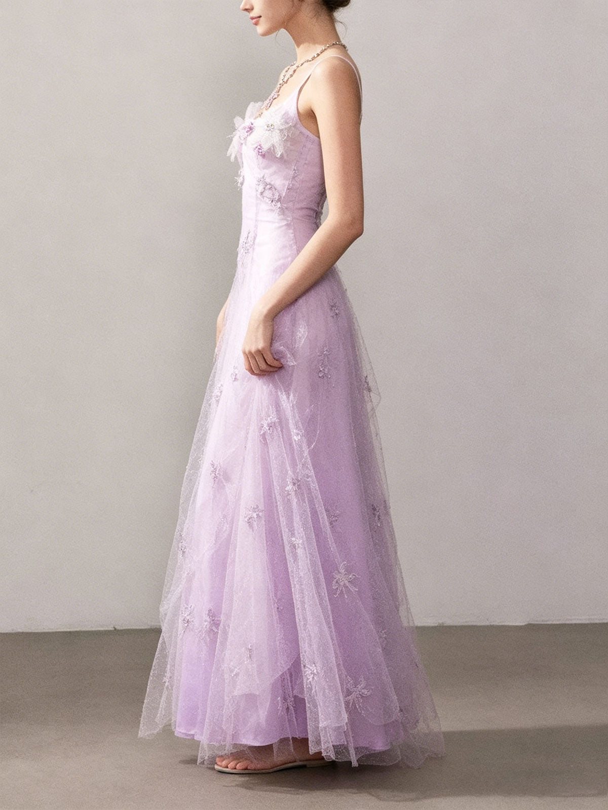 Spaghetti Strap 3D Floral Lavender Glitter Tulle Maxi Dress Fairy Formal Gown