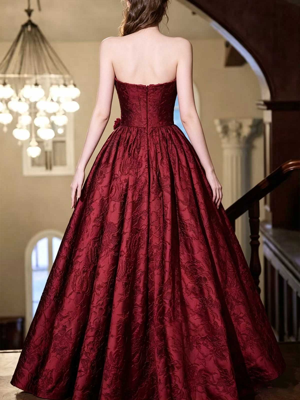 Burgundy Satin Strapless A-Line Evening Gown with 3D Floral