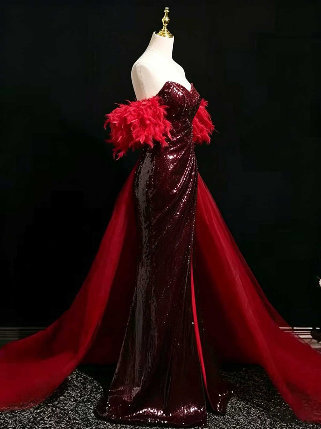Deep Red Strapless Sequin Mermaid Evening Gown with Feather Cuffs