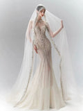 Luxury Beaded Sheer Mermaid Wedding Dress with Crystal Veil